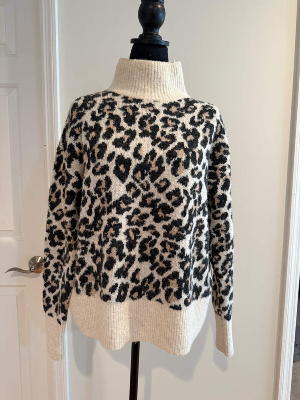 LOFT Cream and Black Leopard Print Turtleneck Sweater
